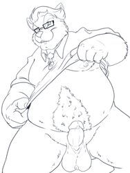 1boy alternate_species anthro balls black_and_white body_hair bowser bravo chest_hair clothed clothing clothing_lift erection eyewear feline front_view glasses happy_trail humanoid_penis koopa line_art looking_at_viewer looking_down low-angle_view male male_only mammal mario_(series) meowser monochrome moobs naughty_face nintendo nipples overweight_male penis polo_shirt pubes sagging_balls scalie shirt shirt_lift solo spread_legs spreading super_mario_3d_world video_games