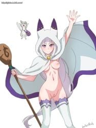 animal_hood arm_up bag blush breasts cloak dated emilia_(re:zero) feline female ginko_(silver_fox) gradient_background holding_staff hood hooded_cloak innie_pussy jumping looking_at_viewer low-tied_long_hair naked_cape navel nipples nude open_hand puck_(re:zero) purple_eyes pussy re:zero_kara_hajimeru_isekai_seikatsu silver_hair smile staff thighhighs uncensored watermark web_address white_background white_legwear