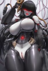 ai_generated android black_hair glowing_eyes infinite_ai large_breasts long_hair metal_skin naked_female red_eyes robot robot_girl wire wires