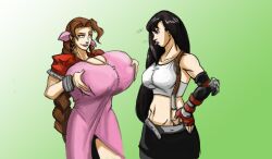 2011 2d 2girls aerith_gainsborough black_hair bolt_on_tits bragging breast_comparison breast_envy breast_expansion breast_focus breast_implants breasts brown-haired_female brown_hair enhanced_breasts fake_breasts female female_focus female_only final_fantasy final_fantasy_vii first-second fully_clothed holding_breasts huge_breasts long_hair proud raised_eyebrow request silicone silicone_implants simple_background smug smug_grin square_enix sticking_out_tongue tifa_lockhart tongue_out