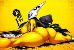 ai ai_generated ass black_hair bodysuit breasts cameltoe covered_nipples female female_only from_behind helmet huge_breasts kneepits lips lipstick long_hair looking_at_viewer looking_back makeup mongrealai nipples on_stomach persona persona_4 skin_tight solo split spread_legs thick_thighs thighs tomoe_(persona_4) very_long_hair weapon yellow_background yellow_bodysuit yellow_theme