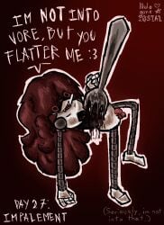 android blood_stain english_text fork impalement knotted_penis murder_drones nulogonepostal oc red_eyes red_hair robot screen_face self_upload