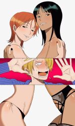 1boy 2girls artist_request black-haired_female black_hair blonde-haired_male blonde_hair blush female fishnet_legwear fishnets flirting lingerie lingerie_panties male nami_(one_piece) nico_robin one_piece orange-haired_female orange_hair posing pre-timeskip sexy_body sexy_clothing sexy_pose vinsmoke_sanji