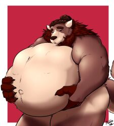 2022 anthro ass bear belly big_belly brown_body brown_fur colored dated fur hair hi_res holding_belly holidays huge_belly hyper hyper_belly male male_pred mammal musclegut muscular navel nude_male nude_pred pandottermon red_background red_eyes signature simple_background solo standing stomach_bulge valentine's_day vore vore_belly