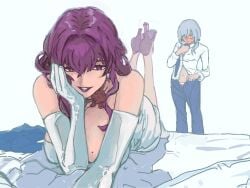bed bedroom blush clothed clothes clothing dress earring earrings female female_focus female_only heels honkai:_star_rail honkai_(series) kafka_(honkai:_star_rail) short_hair stelle_(honkai:_star_rail) suggestive suggestive_pose suit tie trailblazer_(honkai:_star_rail) unbuttoned_pants unbuttoned_shirt undressing weare_agito wedding yuri