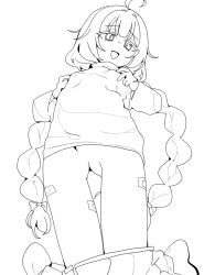 1girl absurdres ahoge bandaid_on_thigh blue_archive braid breasts embarrassed flying_sweatdrops from_below highres lineart long_hair maia_(blue_archive) missing_halo no_anus no_panties no_pussy open_mouth pearlgang_e raised_eyebrows shirt skirt_around_ankles small_breasts solo tsurime turtleneck turtleneck_shirt twin_braids very_long_hair white_hair