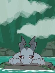 2025 2d_animation 3:4 animated anthro areola biped bouncing_breasts breasts cloud detailed_background dragon eyebrows female frame_by_frame grey_body grey_tail horn lipstick looking_at_viewer makeup milfnir milfnir_(colarix) mythological_creature mythological_scalie mythology navel nipples nude nude_anthro nude_female partially_submerged scalie solo standing tail water wet wet_body white_eyes whygena