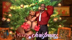 16:9 1boy 1girls 3d anthro artist_request big_breasts black_hair breasts christmas christmas_decorations christmas_outfit christmas_present christmas_tree deer female gift glasses hug huge_breasts large_breasts male metal_gear metal_gear_rising:_revengeance senator_armstrong source_request