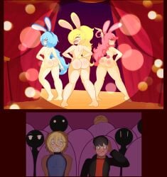 3girls ass barefoot blonde_hair blue_hair breasts brown_hair bunny_costume bunny_ears bunny_girl bunny_tail casual completely_nude embarrassed embarrassed_nude_female enf eve_(limbros) female female_oc human lance_(limbros) limbros long_hair male_oc melody_(limbros) multiple_females multiple_girls naked_costume nude nude_female nudist oc original_characters pale_skin pink_hair ponytail retro_(retropunch) sabrina_(limbros) stage stage_show tagme twintails