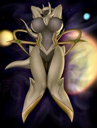 2016 absurd_res anthro anthrofied arceus areola armpits big_breasts black_areola breasts chest_tuft female hands_behind_head hi_res huge_breasts legendary_pokemon lying nintendo nipples nude on_back pokémon_(species) pokemon pokemorph pussy seductive shiny_pokemon smile solo space sun testowepiwko tuft veldazik video_games