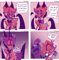 1boy 1girls alastor_(hazbin_hotel) asexual black_tentacles bleach_(object) disturbed english_text funny hazbin_hotel hentai holding_object implied_sex meme niffty open_mouth pouring_on_self ripped satire soft_shading speech_bubble tentacle_porn upset