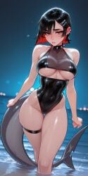 1girls ai_generated black_hair black_swimsuit blush cleavage clothing_cutout colored_inner_hair covered_navel dynamic_pose ear_piercing ellen_joe female hairclip halterneck hand_on_tail hoyoverse in_water leg_strap looking_at_viewer medium_breasts mihoyo molamaxuy night ocean outdoors parted_lips perfect_body red_eyes red_hair revealing_clothes see-through_clothing sexy shark_tail short_hair skindentation solo spiked_collar submerged swimsuit thigh_gap thighs tight_clothing underboob walking water_splash wet wet_body zenless_zone_zero