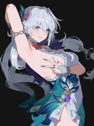 1girls absurdres aqua_nails armpits arms_up asian_female bare_shoulders big_breasts blue_dress blue_eyes breasts bridal_gauntlets china_dress chinese_clothes covered_navel cowboy_shot dress earrings feather_hair female gloves hair_ornament highres honkai:_star_rail honkai_(series) huge_breasts jewelry long_hair long_nails looking_at_viewer multicolored_dress nvl parted_lips peacock_dress peacock_feather presenting_armpit side_view sideboob smile solo sweat teasing white_dress white_hair yao_guang_(honkai:_star_rail)