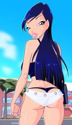 1girls ass blue_eyes blue_hair breasts covered_breasts dat_ass eyeshadow female female_only hotpants hourglass_figure large_breasts legs lips lipstick long_hair makeup musa panties purse rainbow_(animation_studio) solo teenager thighs whale_tail winx_club zfive