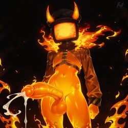 1:1 1anthro 1other ai ai_generated anthro balls ballsack cropped_jacket cum cum_shot cum_string cumming fire for_a_head hat horns hyper_penis leaking_cum matador_(meleeniacs) meleeniacs nonbinary_(lore) object_head orange_body orange_skin pantless partially_clothed partially_nude partially_undressed penis roblox roblox_game robloxian testicles tv_head veiny_penis