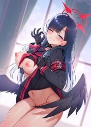 ;d angel_wings armband black_eyes black_gloves black_hair black_serafuku black_wings blue_archive blush bottomless breasts clothes_lift comiket_104 cowboy_shot dutch_angle fellatio_gesture female gloves grin hair_ornament hairclip half-closed_eyes halo handjob_gesture highres ichika_(blue_archive) indoors large_breasts long_hair long_sleeves looking_at_viewer low_wings naughty_face navel neckerchief nipples ok_sign one_eye_closed oral_invitation parallel_hairclips presenting red_armband red_neckerchief saliva saliva_trail sasachin_(k+w) school_uniform serafuku sexually_suggestive smile solo stomach sweat teeth textless_version thighs third-party_source unusually_open_eyes window wings