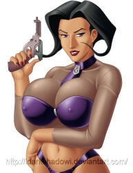 idarkshadowi female solo black_hair gun breasts big_breasts huge_breasts cleavage nipple_bulge erect_nipples purple_eyes aeon_flux_(series) aeon_flux 2015 1girls