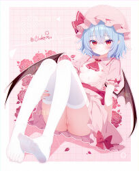 1girls absurdres ascot back_bow bat_wings blue_hair blush bow breasts brooch chinese_commentary cleft_of_venus closed_mouth collared_shirt commentary_request embarrassed flower frilled_shirt_collar frills hair_between_eyes hat hat_ribbon highres jewelry looking_at_viewer medium_hair mob_cap nipples no_panties ohako_miyu partially_unbuttoned pink_background pink_bow pink_flower pink_hat pink_rose pink_shirt pink_skirt pointy_ears puffy_short_sleeves puffy_sleeves pussy red_ascot red_eyes remilia_scarlet ribbon rose sample_watermark shirt short_sleeves skirt skirt_bow skirt_set sleeve_bow small_breasts solo thighhighs touhou twitter_username uncensored watermark white_thighhighs wings