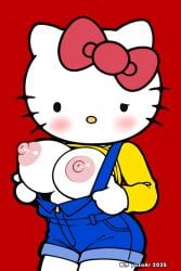 1girls ai_generated anthro big_breasts chibi_style female furry furry_female hello_kitty hello_kitty_(character) hello_kitty_(series) huge_breasts overalls sanrio shortstack solo chibi exposed_breasts cat_girl cat