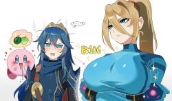 artist_name artist_signature beauty_mark big_breasts blonde_hair blue_bodysuit blue_eyes blush blush_lines bodysuit bracelet bracelets breast_envy breasts cleavage commentary_request crossover female fire_emblem fire_emblem_awakening hair_up hand_on_hip high_ponytail highres kirby kirby_(series) large_breasts long_hair looking_at_viewer lucina_(fire_emblem) measurements metroid mole mole_under_mouth navel_visible_through_clothes nintendo ponytail samus_aran simple_background skin_tight solo super_smash_bros. super_smash_bros._for_nintendo_3ds_and_wii_u thick_thighs thin_waist three_sizes wide_hips yasaikakiage yuri zero_suit zero_suit_samus