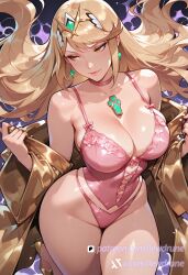 ai_generated blonde_hair core_crystal darkness dim_lighting female fog heels high_heels lace lewdrune lingerie long_hair mythra pink_lingerie robe solo xenoblade_chronicles_2 yellow_eyes