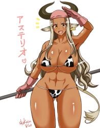 12_beast :d ^^^ abs animal_ears animal_print arm_up armpits asterio_(12_beast) bandana bikini blush body_blush breasts character_name cleavage collarbone cow_ears cow_girl cow_print cow_tail cowboy_shot curvy dark-skinned_female dark_skin dated ear_tag female female_focus gloves gluteal_fold groin heart highres holding horns huge_breasts long_hair looking_at_viewer micro_bikini minotaur monster_girl open_mouth orange_eyes pink_gloves pointy_ears polearm print_bikini salute shiny_skin signature silver_hair simple_background skindentation skykain smile solo standing string_bikini swimsuit tail thick_thighs thighs toned toned_female translation_request very_long_hair wavy_hair weapon white_background wide_hips yellow_eyes