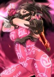 1girls 2d 2d_(artwork) action_pose alternate_version_available armor artist_name aura blade body_writing brown_eyes brown_hair butcha-u energy female female_only fingerless_gloves glowing_symbols glowing_text looking_at_viewer mask ninja ponytail powers sfw shoulder_armor shoulder_pads solo solo_female soul_calibur sword taki text_on_clothing tight_clothing weapon