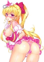 absurdres asahina_mirai ass blonde_hair blush bow breasts breasts_out clothed_masturbation clothing cure_miracle dress female from_behind gloves hair_ornament hair_ribbon hat highres large_breasts long_hair looking_at_viewer magical_girl masturbation medium_breasts mini_hat mini_witch_hat nipples panties parted_lips pink_eyes pink_panties ponytail precure pretty_cure pussy_juice ribbon satou_(kuso-neet) solo sweat tied_hair underwear vibrator vibrator_bulge vibrator_under_panties witch_hat