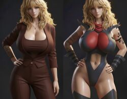 ai_generated blazer blonde_female breasts brown_clothing buttons cleavage clothing exposed_midriff formal_clothes formal_wear gloves gold_jewelry hand_on_hip hands_on_hips handwear huge_breasts long_sleeves looking_at_viewer low_cut_top low_neckline malice_(marvel_rivals)_(cosplay) marvel marvel_comics marvel_rivals necklace office_clothing original_character pants red_scarf scarf small_waist thick_hips thighhighs trousers wide_hips