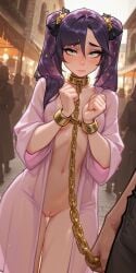 1boy 1girls ai_generated blush bondage chain_leash chains closed_mouth collar covered_nipples crowd female genshin_impact golden_bracelets golden_chains golden_collar gradient_hair green_eyes hair_ornament handcuffs holding_leash hoyoverse leash leash_pull long_hair long_sleeves male_hand male_out_of_frame market medieval mihoyo molamaxuy mona_(genshin_impact) naked naked_robe navel outdoors perfect_body purple_hair pussy pussy_juice revealing_clothes robe round_hips sexy shy sidelocks skinny slave slave_collar small_breasts sunset sweat thigh_gap tied_hands translucent twintails