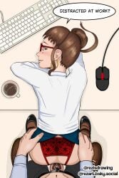 1boy 1girls anal anal_access anal_only anal_only_panties ass ass_grab backless_panties bent_over blue_eyes blue_skirt blush brown_hair chastity chastity_cage chastity_device clothed_sex coffee coffee_mug cup desk doggy_style dominant_female earrings english_text female female_domination femdom gentle_femdom glasses grabbing_another's_ass hair_bun hoop_earrings jewelry keyboard_(computer) looking_at_viewer looking_back male male_chastity malesub mole mole_under_eye mouse_(computer) office_lady pants pantyhose pencil_skirt penis pov red-framed_eyewear rezart sex sex_from_behind shirt single_hair_bun skirt smile solo_focus sophia_(rezart) speech_bubble straight white_shirt