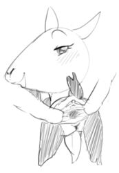 black_and_white blush caprine disembodied_hand dotkwa female goat lilly_goat low_res mammal monochrome open_mouth plushie pussy smile solo_focus spread_pussy spreading toybox_pals