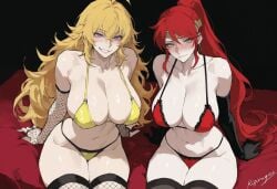 2girls ahoge ai_generated arm_gloves big_breasts blonde_hair blush breasts circlet earrings female female_only fishnet_gloves fishnet_legwear fishnet_thighhighs gloves green_eyes high_ponytail kizirugai lingerie long_hair looking_at_viewer nervous ponytail purple_eyes pyrrha_nikos red_hair rwby sidelocks sitting_on_bed smirk tagme thighhighs thighs yang_xiao_long
