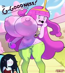 1girls 2girls accidental_exposure adventure_girls adventure_time areola areolae big_breasts black_eyes black_hair blush bonnibel_bubblegum breast_expansion breast_growth breast_growth_(enlargement) breasts busty cartoon_network cleavage clothed clothing cloud day english_text exposed exposed_breasts female female_only green_clothing green_pants huge_breasts hyper_breasts large_breasts long_hair marceline marceline_abadeer marceline_the_vampire_queen navel nipples no_bra open_mouth outdoors outside pants pink_body pink_hair pink_skin potion potion_bottle princess princess_bonnibel_bubblegum princess_bubblegum puffy_areola puffy_nipples raised_clothing raised_shirt raised_tank_top raised_topwear red_clothing royalty shirt sky solo_focus somescrub standing surprised surprised_expression tank_top teeth text thick_thighs thighs tiara upper_teeth very_long_hair wardrobe_malfunction wide_hips