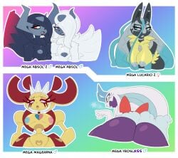 absol anthro areola ass barbell_piercing big_breasts big_muscles big_pecs black_body black_eyeshadow black_fur black_lips black_lipstick blue_eyes blue_eyeshadow blue_lips blue_lipstick blue_nipples border breasts chest_tuft choker dark_blue_lips dark_blue_lipstick ear_piercing ear_ring eyelashes eyeshadow fangs female female_symbol froslass fur gender_symbol generation_6_pokemon generation_9_pokemon girly glistening_eyelids gradient_background gray_eyeshadow gray_lips gray_lipstick gray_nipples grey_nipples group hair hair_over_eye hand_on_hip heart_(marking) hi_res horn jewelry legendary_pokemon light_blue_lips light_blue_lipstick lips lipstick long_eyelashes looking_at_viewer looking_back lucario machine magearna makeup male male_symbol markings mega_absol mega_absol_z mega_evolution mega_froslass mega_lucario_z mega_magearna mega_yukimenoko muscular mythical_pokemon necklace nintendo nipple_dip nipple_piercing nipples outline pec_squish pecs piercing pink_eyes pokemon pokemon_(species) pokemon_legends_z-a pseudo_hair puckered_lips purple_body purple_skin raised_hand rear_view red_eyes red_nipples ring_piercing robot simple_background small_waist smile snowflake symbol teeth tongue tongue_piercing tuft venela white_body white_border white_eyelashes white_fur white_outline wide_hips yellow_lips yellow_sclera yukimenoko