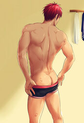 1boy ass back back_muscles back_view bara bite_mark bite_marks black_underwear cachic human human_only kagami_taiga kuroko_no_basuke male male_focus male_only muscle muscles muscular muscular_male red_hair solo solo_focus solo_male topless underwear underwear_only undressing