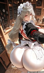 1girl ai_assisted ai_generated alexandrina_sebastiane apron ass bangs bottle bow breasts curvaceous curvy curvy_female curvy_figure female frills from_behind hair_bow indoors logo long_hair looking_at_viewer looking_back maid maid_headdress mature_female milf miyuai red_eyes smile solo thick thick_ass thick_butt thick_hips thick_legs thick_thighs very_long_hair voluptuous voluptuous_female white_legwear wide_hips wide_thighs zenless_zone_zero