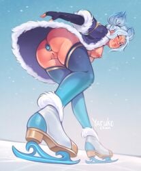 anal big_breasts blue_buttplug buttplug commando gray_hair grey_hair ice_skates jewel_buttplug no_panties princess_plug shaved_pussy thighhighs upskirt viewed_from_below winter_wonder_zeri yarukochan zeri_(league_of_legends)