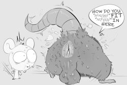 2026 anthro anus backsack balls big_butt biped bodily_fluids bottom_heavy butt butt_focus butt_stuck dialogue duo english_text genitals huge_butt iamapoliceman looking_at_anus male mammal monochrome mouse murid murine rat rodent rodent_tail size_difference stuck surprised sweat sweaty_balls sweaty_butt sweaty_genitalia text thick_thighs