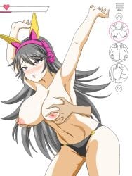 1girls areolae armpits arms_up artist_request belly_button bikini blush breast_play breasts collarbone erect_nipples fake_game fellatio galaxy_gals grey_hair groping groping_from_behind headphones huge_breasts large_breasts light-skinned_female long_hair menu meter mockup nipples nyanko_daisensou oral paizuri penis pleasure_face pressing_breasts_together squeezing_breast teenager the_battle_cats thick_thighs thighs thundia topless