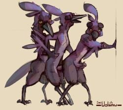 anthro avian bird blush bodily_fluids clone cum cum_drip dripping feathers gay gay_sex genitals grackle group_sex handjob impwolsniw male male_penetrating_male markings penetration penis purple_body selfcest sex train_position trio winslow_(impwolsniw) yellow_eyes