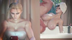 2girls 3d 3d_animation almightypatty animated blonde_hair bouncing_breasts cammy_white capcom chun-li large_breasts mp4 no_sound on_phone street_fighter tagme text texting towel video wet