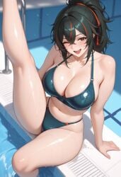 1girls 2025 ai_generated anominos123 belly big_breasts bikini blush breasts civitai cleavage female leg_lift leg_lifted leg_up looking_at_viewer navel one_eye_closed open_mouth outdoors outside pool poolside sitting solo sweat sweatdrop thick_thighs thighs water_drop wet zenless_zone_zero zhu_yuan