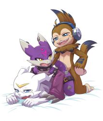 anal anthro bandai_namco blue_eyes blush brown_body brown_fur digimon digimon_(species) electronics fur group group_sex headphones kakamon male male/male male_penetrated male_penetrating male_penetrating_male penetration purple_body rusho sex threesome train_position trio veemon white_body yellow_eyes