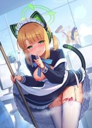 3girls animal_ear_headphones animal_ears apron aris_(blue_archive) aris_(maid)_(blue_archive) black_dress blonde_hair blue_archive blue_bow blue_bowtie blunt_bangs blush bow bowtie breasts breasts_out cat_ear_headphones cat_ears clothes_lift comiket_103 cover cover_page cowboy_shot day doujin_cover dress dress_lift dutch_angle fake_animal_ears fake_tail female_masturbation finger_to_mouth frilled_apron frilled_dress frills garter_belt garter_straps green_bow green_eyes green_halo grin hairbow halo hands_up headphones highres index_finger_raised indoors lifting_own_clothes lips long_sleeves looking_at_viewer maid maid_apron maid_headdress masturbation midori_(blue_archive) midori_(maid)_(blue_archive) millennium_science_school_logo momoi_(blue_archive) momoi_(maid)_(blue_archive) multiple_girls naughty_face nipples official_alternate_costume official_alternate_hairstyle panties ponytail presenting pussy_juice sasachin_(k+w) seductive_smile sex_toy short_hair short_ponytail siblings sidelocks sisters small_breasts smile solo_focus stealth_flashing sweat tail tail_raised textless_version thighhighs thighs third-party_source twins underwear vibrator vibrator_in_thighhighs vibrator_under_clothes white_garter_belt white_panties white_thighhighs window