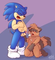 anthro balls barefoot blue_eyes blue_fur brown_fur closed_eyes clothing cum cum_on_face cum_on_penis fur legwear male male_only mammal navel open_mouth penis raccoon roarey_raccoon socks sonic_(series) sonic_the_hedgehog tongue uncut video_games