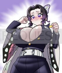 big_breasts black_hair blush bursting_breasts butterfly_hair_ornament button_pop cleavage demon_slayer embarrassed eron female female_only fully_clothed haori kimetsu_no_yaiba kochou_shinobu looking_down popped_button purple_eyes solo unbuttoned_shirt watermark