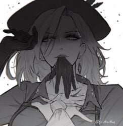 bite biting_clothes catherine_augustus_andohar_(path_to_nowhere) clothed clothes clothing gloves hat langley_(path_to_nowhere) path_to_nowhere pov quietmithos suggestive suggestive_look suggestive_pose yuri