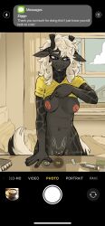 absurd_res anthro biped black_body black_fur blue_eyes blush bodily_fluids breasts clothed clothing clothing_lift do_you_want_to_pet_my_cat_(meme) female front_view fur genital_fluids genitals giraffe giraffid hair hi_res horn hybrid kapri maia_(zylanosz) mammal markings mephitid ossicone shirt shirt_lift skunk solo spots spotted_body spotted_fur standing tail taking_picture taking_selfie text_message topwear vaginal_fluids vulva white_hair