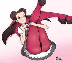 1girls ass avernalascent brown_hair female human human_only legs_up looking_at_viewer pokemon pokemon_rse roxanne_(pokemon) skirt smile solo tights twintails upskirt